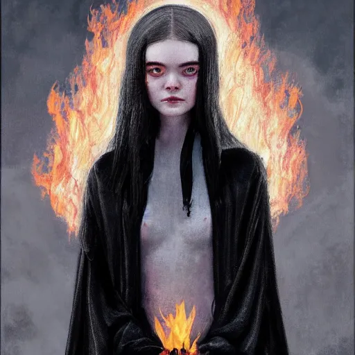 Image similar to professional painting of Elle Fanning wearing a black cultist robe and holding fire in the style of Craig Mullins, head and shoulders portrait, symmetrical facial features, smooth, sharp focus, illustration, intricate, stormy weather, extremely detailed masterpiece,