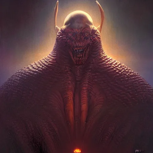 Prompt: a fantasy style portrait painting of an enormous frightening alien with a futuristic background and dramatic lighting oil painting unreal 5 daz. rpg portrait, extremely detailed wayne barlowe michael whelan artgerm greg rutkowski greg hildebrandt tim hildebrandt michael whelan h r giger moebius