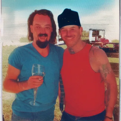 Image similar to polaroid of Homelander and Billy Butcher on holday having a great time together