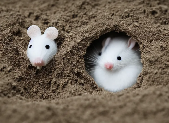 Image similar to dslr photo still of a cute little white mouse peaking out of a sand castle on wet sand in a bright sunny day, 8 k, 8 5 mm f 1. 4