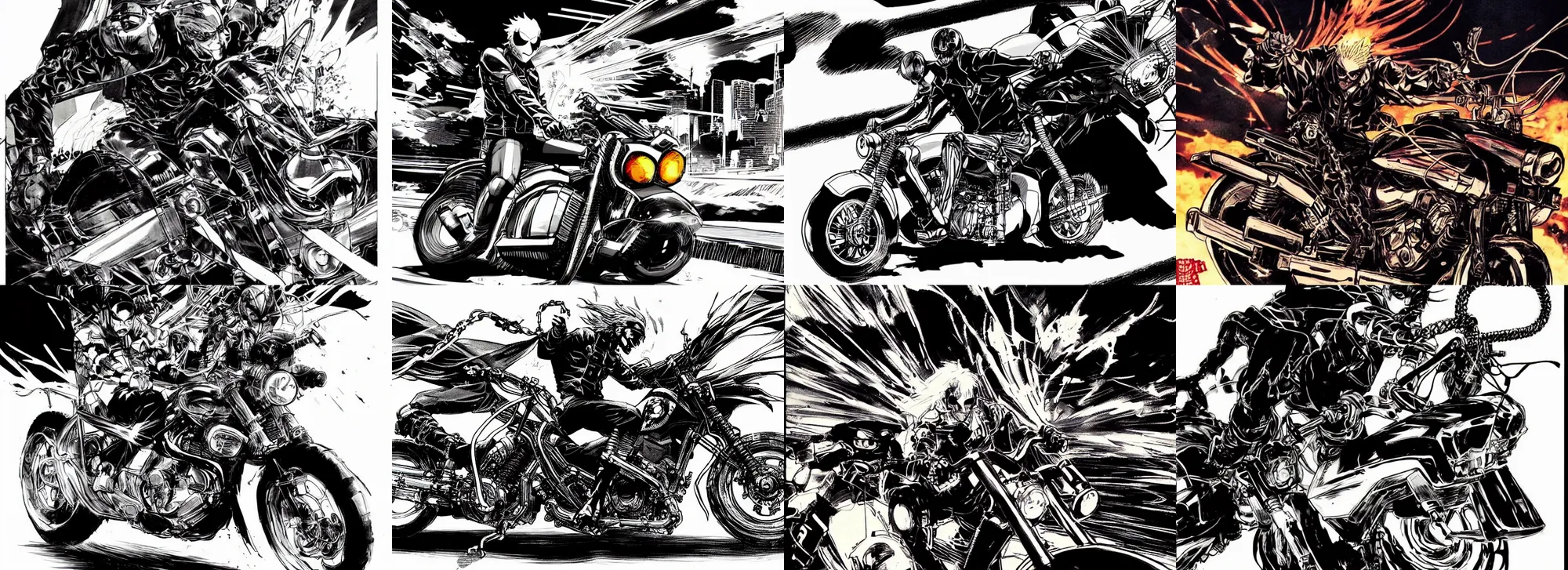 Prompt: a manga illustration of marvel ghost rider, on a kenada motorcicle, at high speed in on a cyberpunk highway, by ashley wood, yoji shinkawa, yoh yoshinari, black and white only