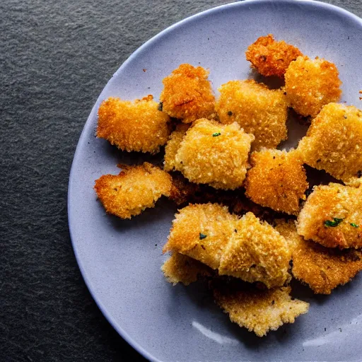 Prompt: a plate of breaded scampi underwater, trawl damaged seafloor