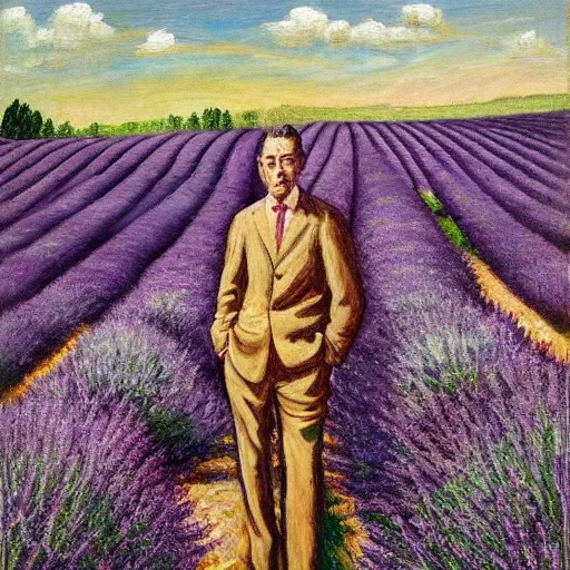 Image similar to albert camus in a lavender field, subtle, intricate details, real masterpiece, oil on canvas