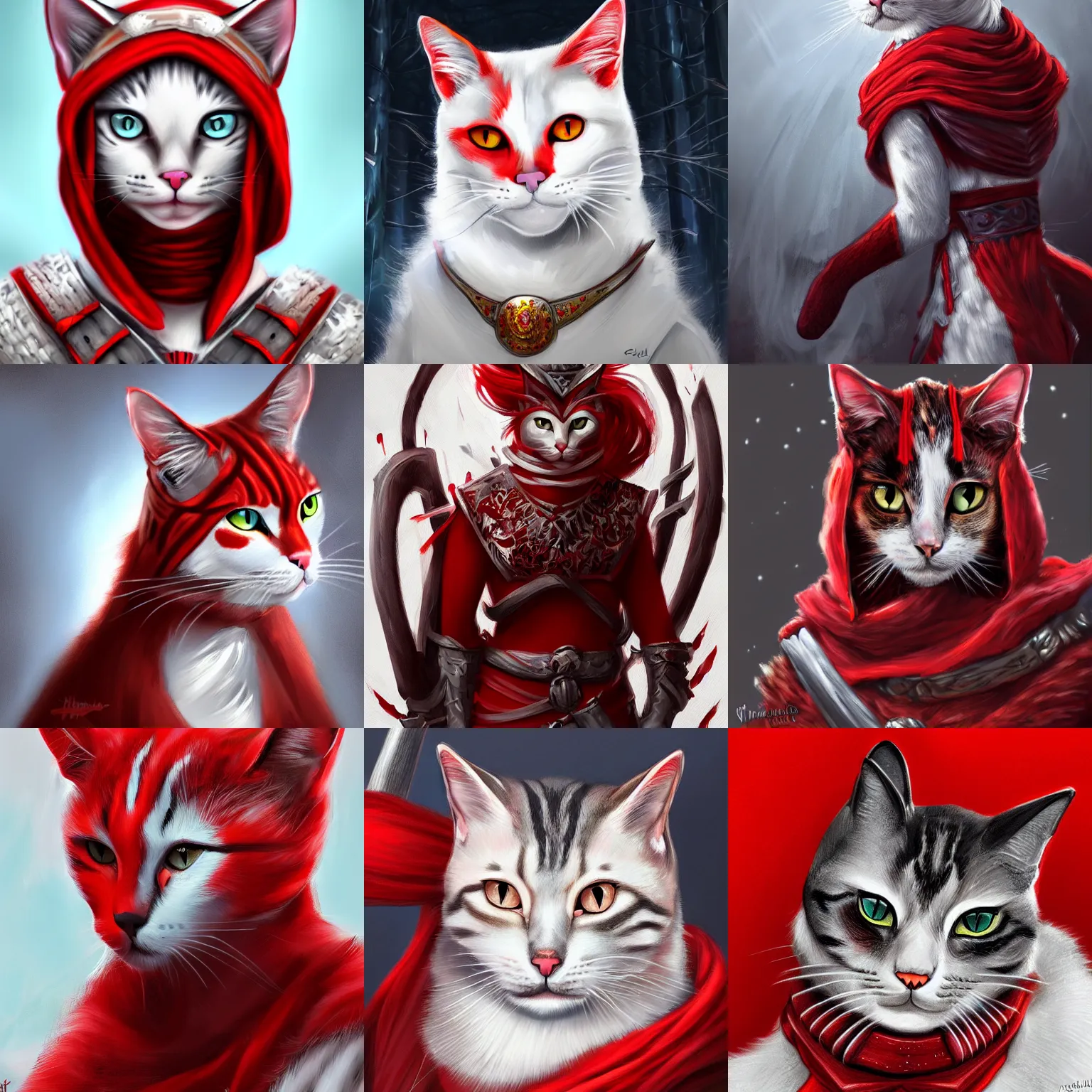 Prompt: portrait of a cat warrior in red and white clothing, fantasy, digital painting, hd, 4 k, detailed.