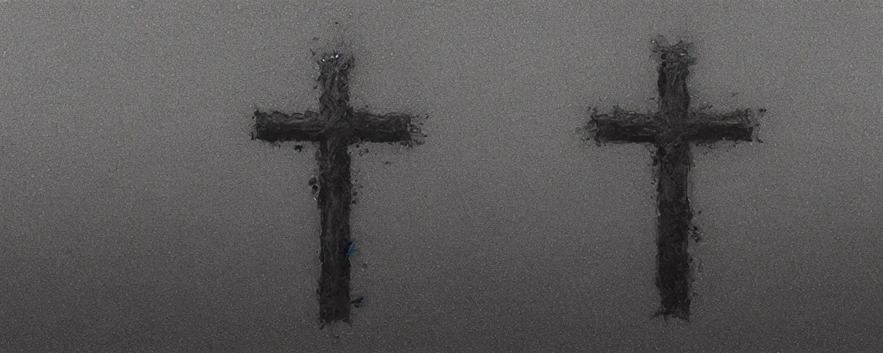 Image similar to a shiny silver cross, black minimalistic background, by Beksinski