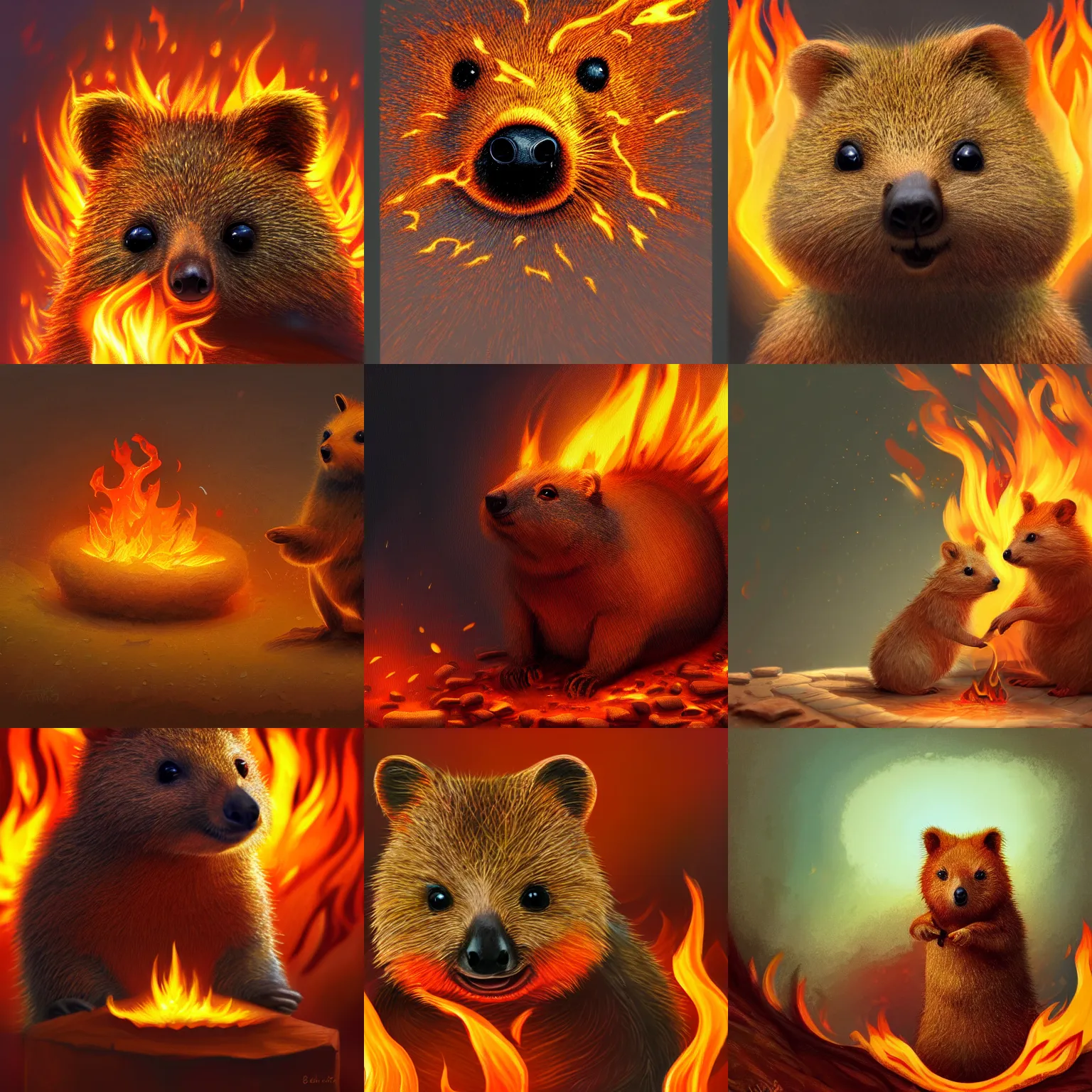 Prompt: photo of a melting quokka surrounded by fire, intricate, highly detailed, digital painting, artstation, concept art, smooth, sharp focus, illustration, vfx