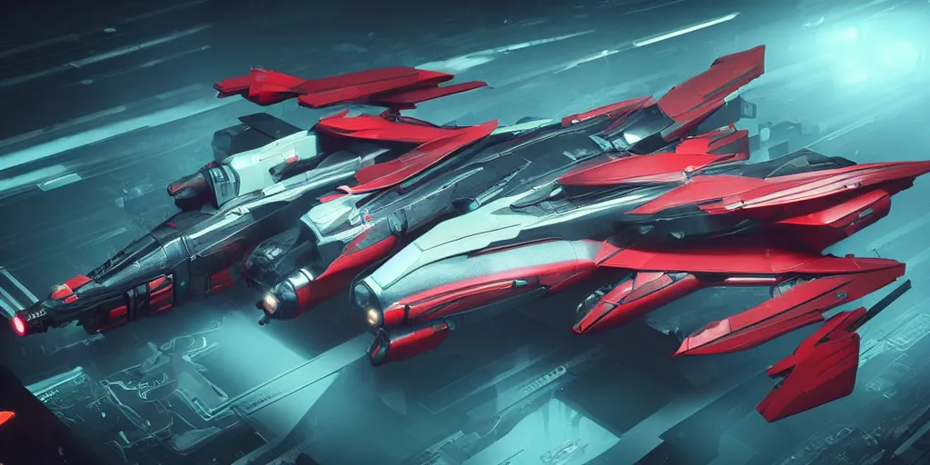 Image similar to cyberpunk concept inspired jet, futuristic look, highly detailed body, aerodynamic body, photorealistic camera shot, bright studio setting, studio lighting, crisp quality and light reflections, unreal engine 5 quality render, red and black tones, isometric view