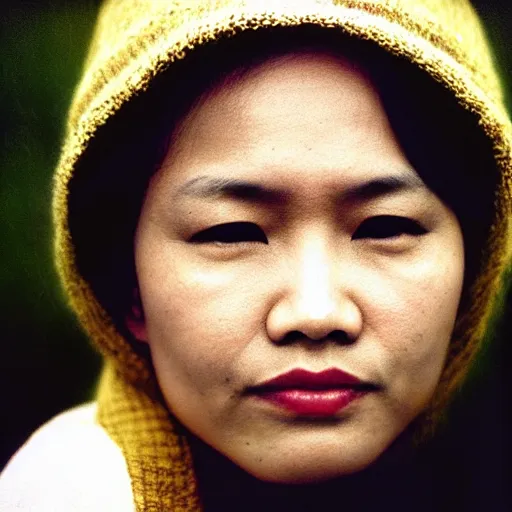 Image similar to filipino woman with short hair wearing an oversized sweater, portrait, colored photo, clear face, by annie liebovitz, david bailey, nan goldin