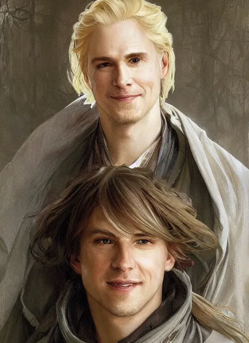 Prompt: a 4 0 year old man with blonde hair and hazel eyes and a handsome friendly smiling face. he is wearing a tattered grey cloak. portrait painting by artgerm and greg rutkowski and alphonse mucha.