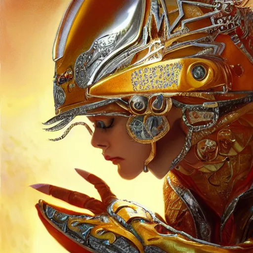 Prompt: a fat orange cat with a golden helmet wearing a silver armor with golden ornaments and diamonds jewelry, wings by alex gray and android jones, karol bak, ayami kojima, amano, concept art, character design, fantasy, 3 d, 8 k resolution