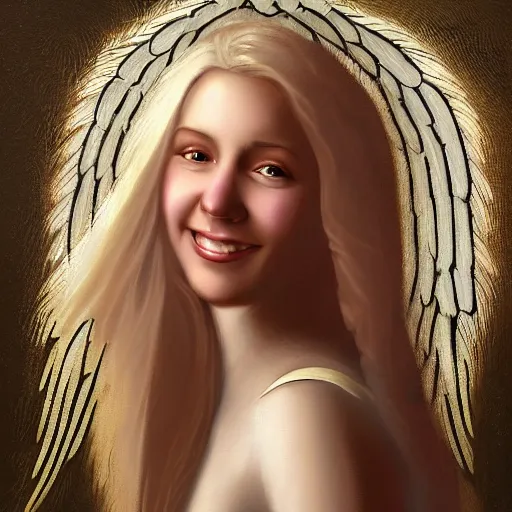 Image similar to a painting of an angel, a young woman with long blond hair and a halo smiling in heaven, highly detailed, digital art