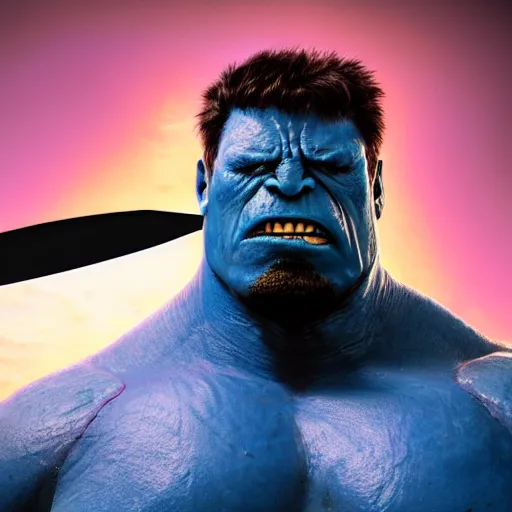 Prompt: a blue hulk holding a giant meat cleaver, blue skin, muskular, artwork, cinematic, mystic, highly detailed