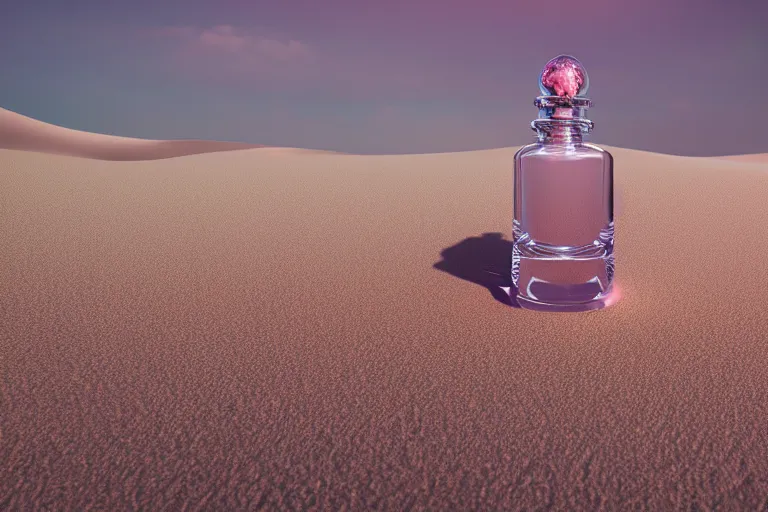 Image similar to perfume bottle buried frosted flowers, dramatic, mid day, blurry sand dune background, large scale, hyperrealistic, lots of detail, realistic lighting, octane render, by wlop, artgerm, trending on artstation