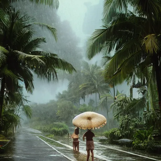 Prompt: monsoon on tropical island, attractive oriental native in white, frontal, ornate, beautiful, atmosphere, vibe, mist, coconuts, rain, wet, pristine, puddles, melting, dripping, snow, creek, lush, ice, bridge, forest, roses, flowers, concept art, luis rollo, ruan jia, steve mccurry, john berkey