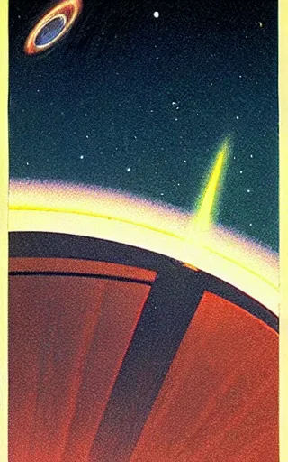 Image similar to poster of a spaceship flying through the galaxy with a planet visible above, thin border, 1950s art deco, retrofuturism, edward hopper,