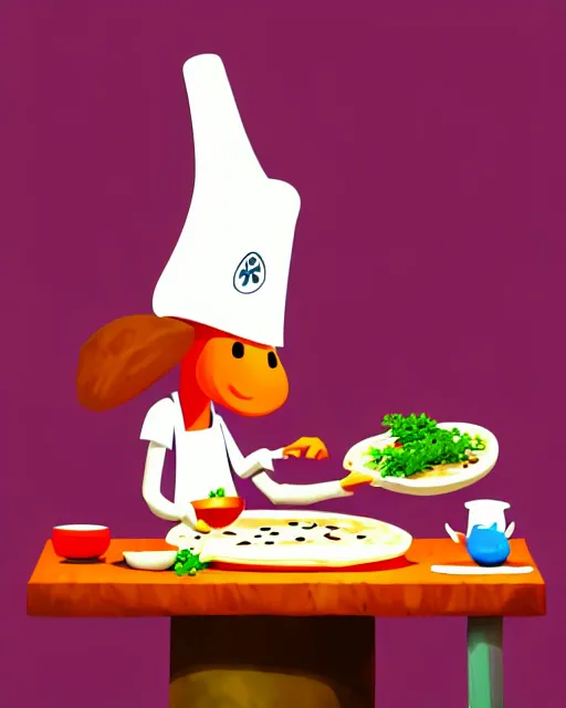 Prompt: an anthropomorphic mushroom chef cooking a meal, fantasy cartoon illustration, bold colors, simple shapes, trending on artstation