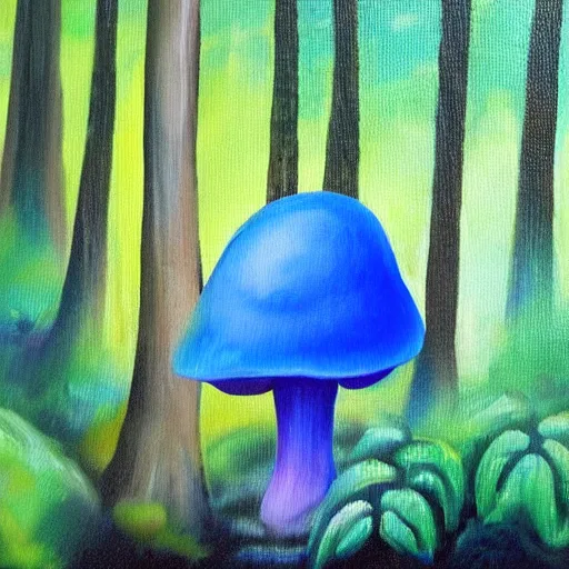 Prompt: A huge glowing blue mushroom inside a rainforest, oil painting