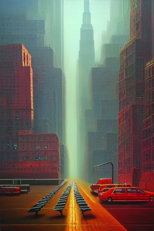 Image similar to downtown new york city in a redwood solar punk vision, oil on canvas by klaus burgle, simon stalenhag, ultra - realistic 3 d depth shading