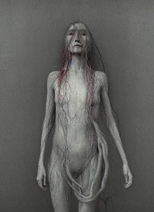 Image similar to woman inspired by zdzislaw beksinski, infinite lake, clothes made out of veins, rgb, cables everywhere, bedroom, ultra realistic, concept art, intricate details, highly detailed, photorealistic, octane render, 8 k