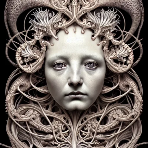 Image similar to detailed realistic porcelain beautiful organic calaveras goddess face portrait by jean delville, gustave dore, iris van herpen and marco mazzoni, art forms of nature by ernst haeckel, art nouveau, symbolist, visionary, gothic, neo - gothic, pre - raphaelite, fractal lace, intricate alien botanical biodiversity, surreality, hyperdetailed ultrasharp octane render
