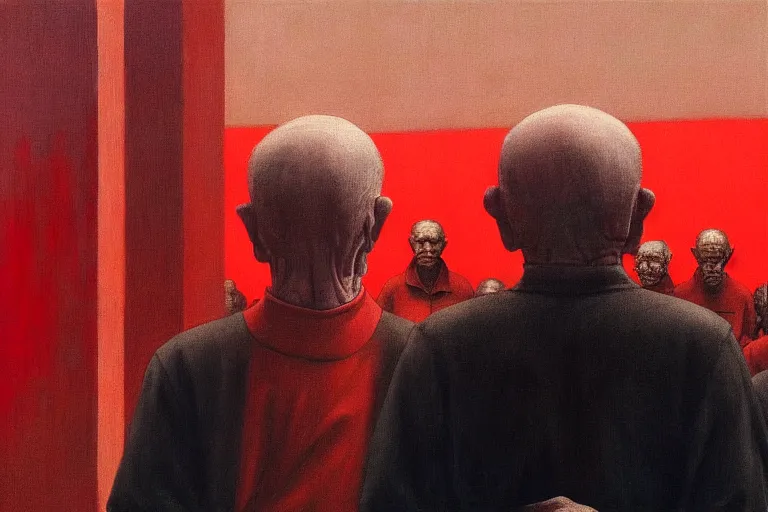 Image similar to only with red, a red old man try to sell a portrait, a crowd cheering, in a city square, in the style of beksinski, parts by edward hopper, parts by rodcenko, parts by yue minjun, intricate and epic composition, red by caravaggio, insanely quality, highly detailed, masterpiece, red light, artstation, 4 k