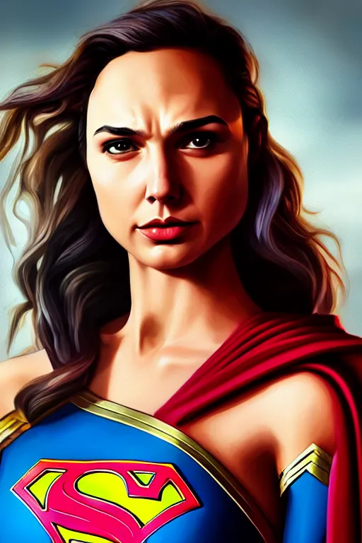 Prompt: gal gadot as supergirl, portrait,, highly detailed, digital painting, artstation, concept art, smooth, sharp focus, illustration, cinematic lighting,