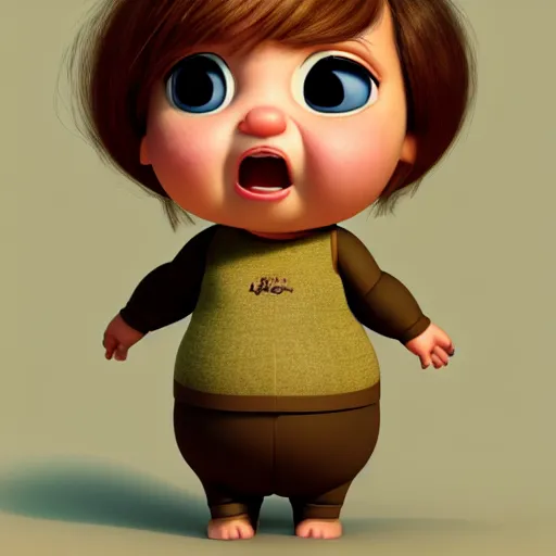 Image similar to A portrait of a chubby woman, a cute 3d cgi toon woman with brown hair in a Bob, brown eyes, full face, olive skin, romanian heritage, cute outfit, medium shot, mid-shot, hyperdetailed, 8k, trending on artstation, as a Pixar character