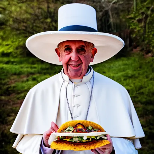 Prompt: pope john paul the 2 nd wearing a sombrero holding a taco, ( sony a 7 r iv, symmetric balance, polarizing filter, photolab, lightroom, 4 k, dolby vision, photography awardm, voque, perfect face )