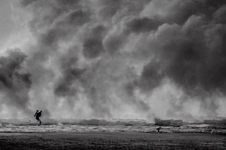 Image similar to closeup pirate couples running down beach as pirate ship fires canons, sand explosion by emmanuel lubezki