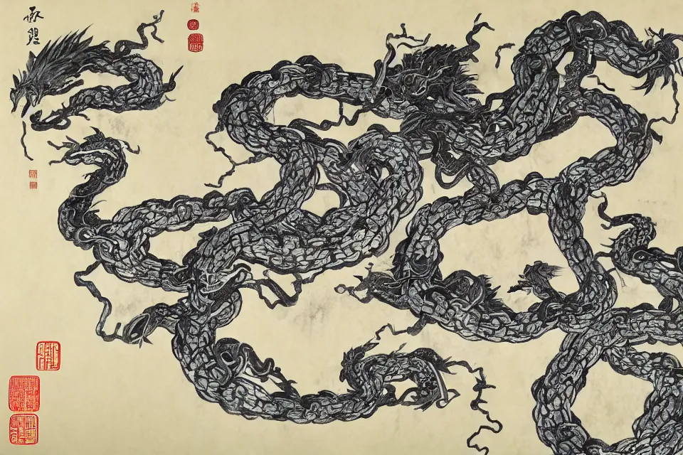 Prompt: mythical monsters are sealed in chains, traditional chinese ink painting, yellowing paper.