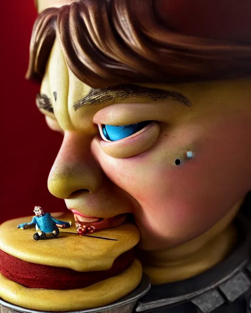 Image similar to highly detailed closeup, face profile portrait of a tin toy leonardo dicaprio as a medieval goblin eating cakes in a castle, hyper realistic, artstation, illustration, nicoletta ceccoli, mark ryden, lostfish, dan decarlo, bob clampett, max fleischer, digital paint, matte paint, vivid colors, detailed and intricate environment