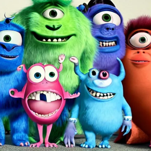 Prompt: monsters Inc sully standing next to a group of sully clones