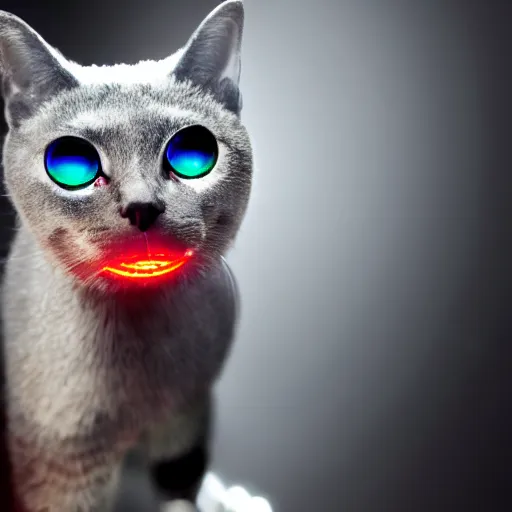 Image similar to Still of a mechanical chrome metallic cat with glowing red eyes staring at the camera, red lens flare