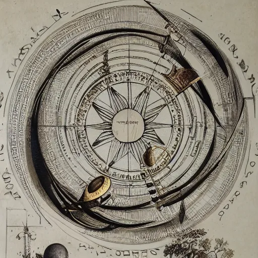 Image similar to artistic painting of astronomical armillary rings, engraved symbols