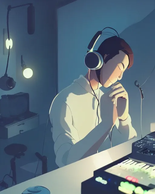 Image similar to man with headphones at his home studio producing music late at night, very detailed, 4 k, cory loftis, james gilleard, atey ghailan, makoto shinkai, goro fujita, studio ghibli, rim light, exquisite lighting, clear focus, very coherent
