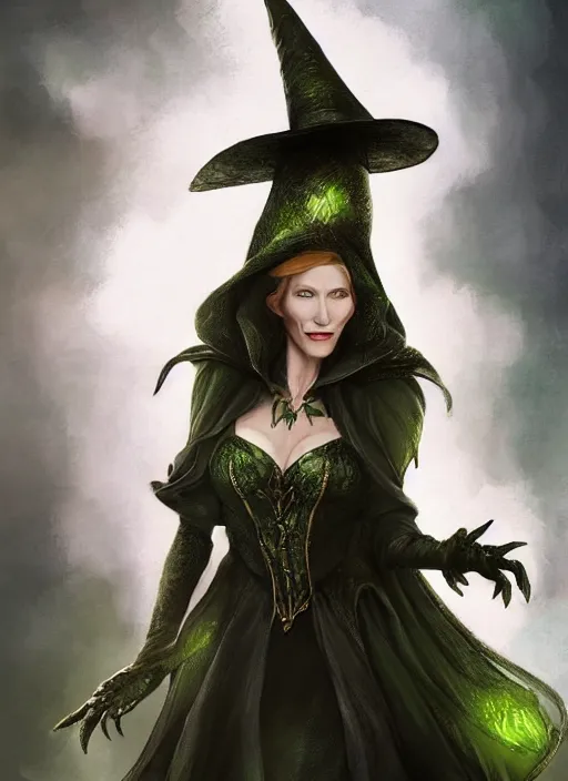 Prompt: beautiful female wicked witch, cate blanchett as the wicked witch of the west, full body character concept, armor, super powers, fantasy, intricate, elegant, highly detailed, digital painting, artstation, concept art, shining, sharp focus, illustration, art by stanley lau