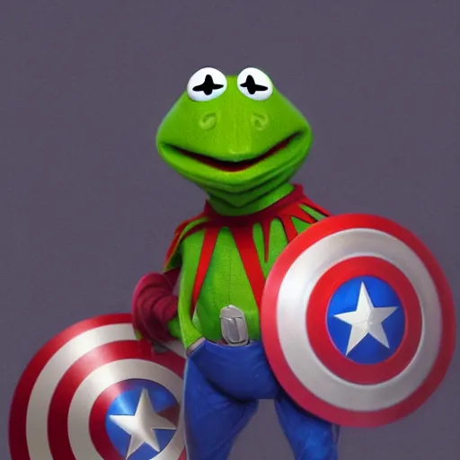 Image similar to Kermit the Frog is Captain America hyperdetailed, artstation, cgsociety, 8k