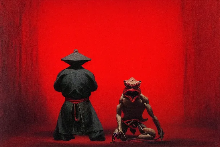 Image similar to only with red, a red samurai do seppuku, tokio, a lot of frogs watch, in the style of beksinski, parts by edward hopper, parts by rodcenko, parts by yue minjun, intricate and epic composition, red by caravaggio, insanely quality, highly detailed, masterpiece, red light, artstation, 4 k