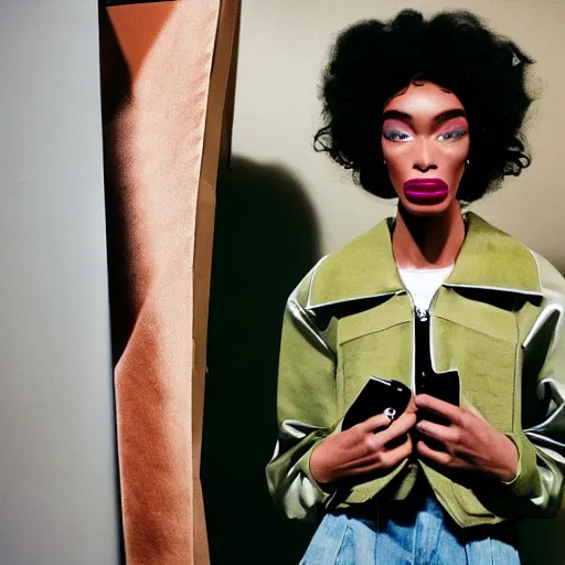 Image similar to realistic photoshooting for a new balenciaga lookbook, vhs colour photography, portrait of model Winnie Harlow woman, in style of Tyler Mitchell, 35mm,