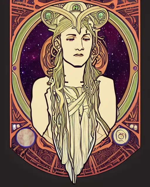 Prompt: a portrait of a galaxy as an androgynous druid sp, occult, ornate, minimal, bust by alphonse mucha, decorative art nouveau border, astrophotography, vast cosmos, digital illustration, trending on artstation