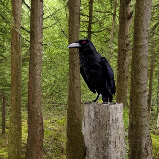 Image similar to anthropomorphic crow standing upright, photograph captured in a forest