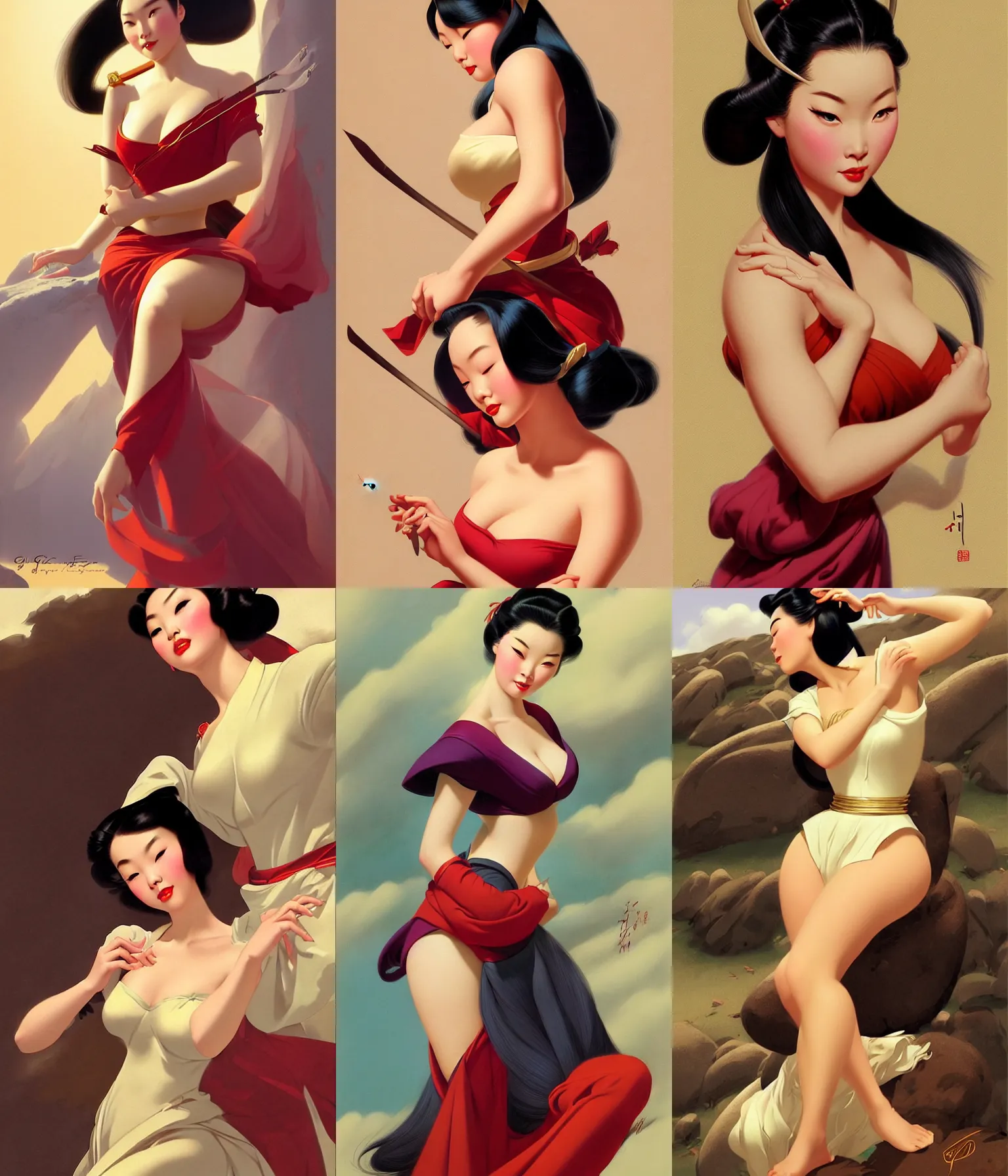 Prompt: portrait of a young curvaceous mulan, dreamy and ethereal, expressive pose, peaceful expression, elegant, highly detailed, digital painting, artstation, concept art, smooth, sharp focus, by gil elvgren