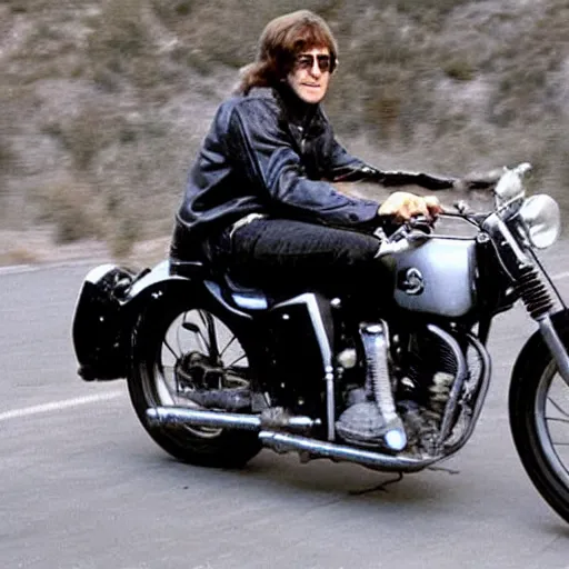 Prompt: john lennon riding a motorcycle in the movie born to be wild, cinematic sureal 3d 8k