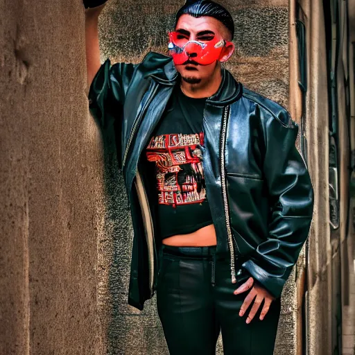 Image similar to a cyberpunk cholo wearing futuristic urban clothing full shot photographic portrait