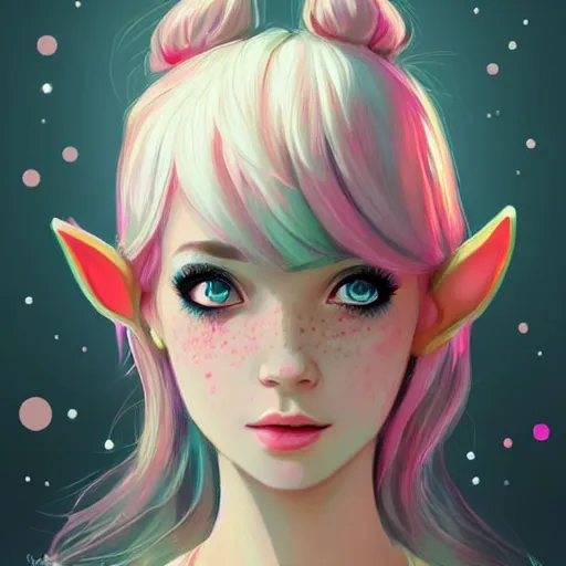 Image similar to girl portrait, elven princess, head and shoulders, matte print, pastel pink, neon highlights, digital art, cute freckles, digital painting, fan art, elegant, pixiv, by Ilya Kuvshinov, daily deviation, IAMAG