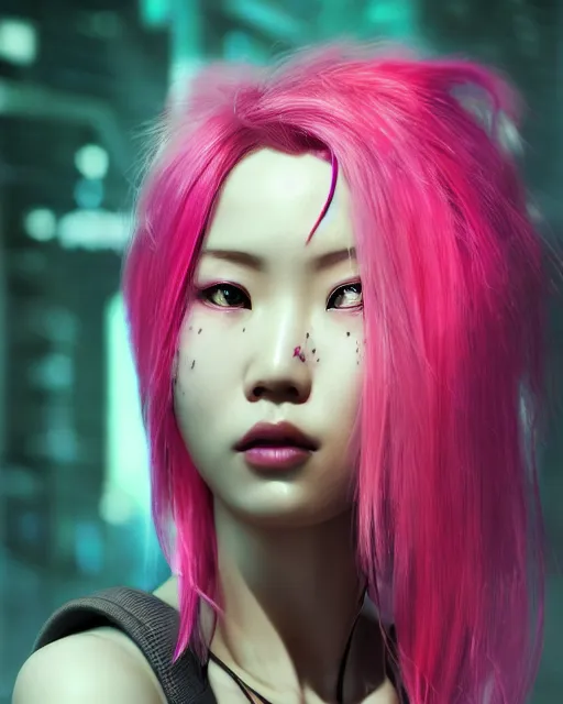 Image similar to portrait of a beautiful asian woman with pink hair as a cyberpunk cyborg half robot, sci - fi, missing panels, intricate abstract upper body intricate artwork, concept art, octane render, deviantart, cinematic, key art, hyperrealism, iridescent accents, portrait photograph, nikon 3 5 mm, photograph by greg rutkowski