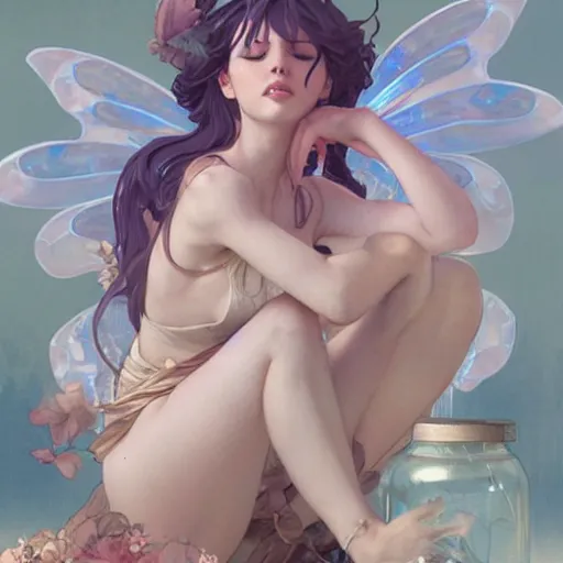 Image similar to A pouting fairy sitting in a jar, digital painting, detailed, artstation, Krenz Cushart, Greg Rutkowski, Alphonse Mucha, Artgerm