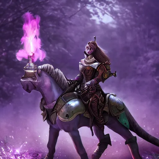 Prompt: female knight riding a chimera, holding a violet torch that lights up the dark forest during the night photorealistic