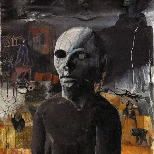 Image similar to by george luks, by vytautas kairiukstis formicapunk, myspace. a beautiful collage of a small figure standing in the center of a dark, foreboding landscape. the figure is surrounded by strange, monstrous creatures, & there is a feeling of unease & dread.