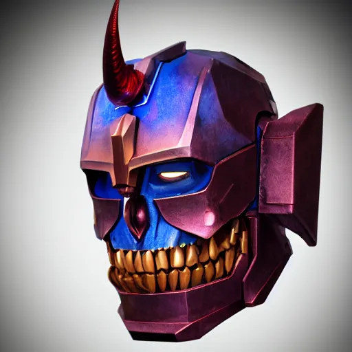 Image similar to celestial guardian, rgb emperor of hell mask, iron giant jaw, iron giant chin, horns, fangs, 8 k, rgb laser background